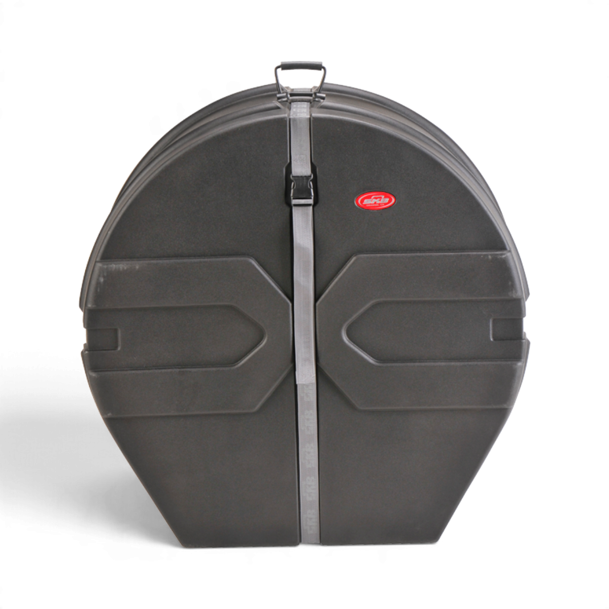 SKB Cases 16 x 32 marching bass drum case in black with Roto-X pattern, secure buckle strap, and molded feet.