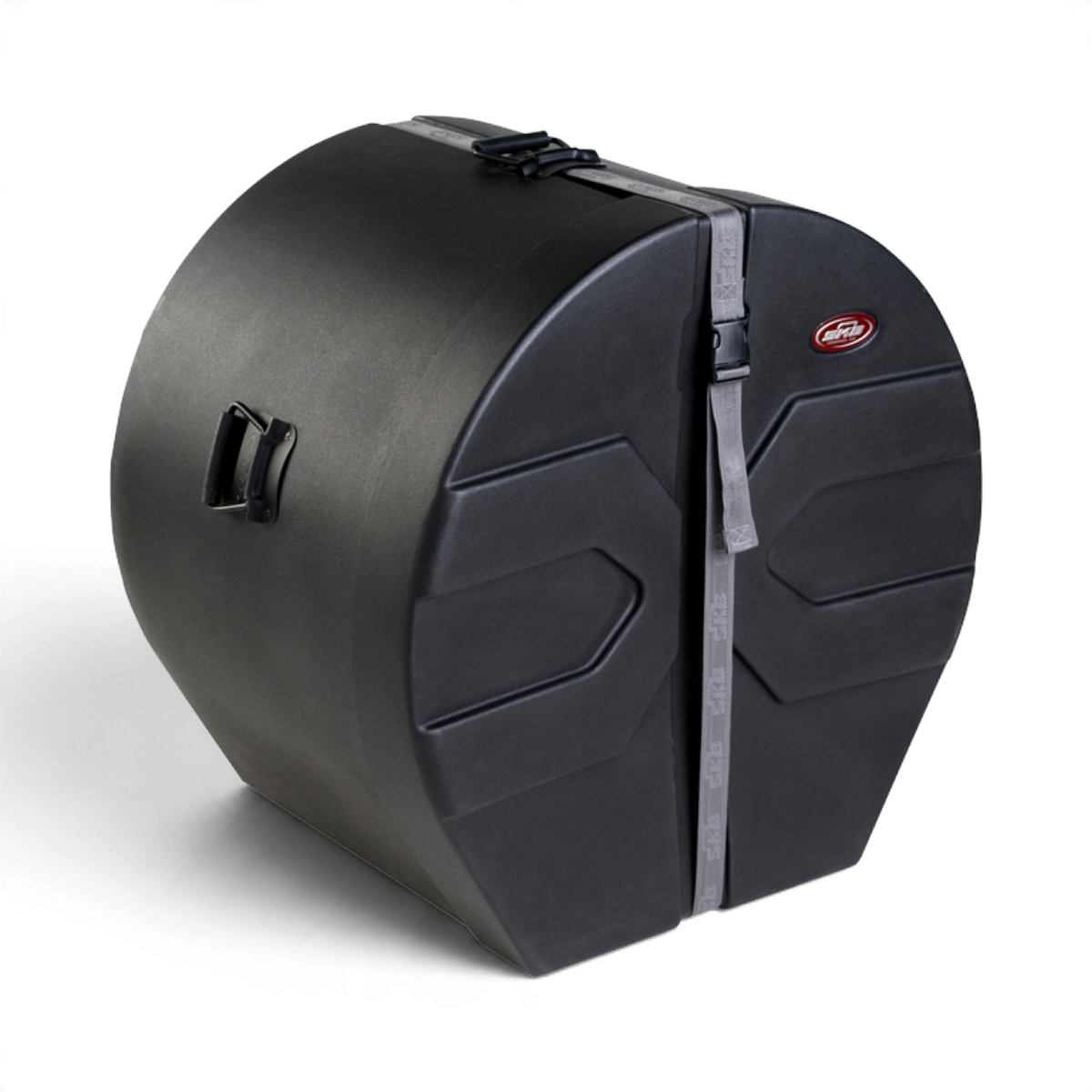SKB Cases 14 x 24 marching bass drum case in black, featuring a durable roto-molded D-shaped design and secure strap.