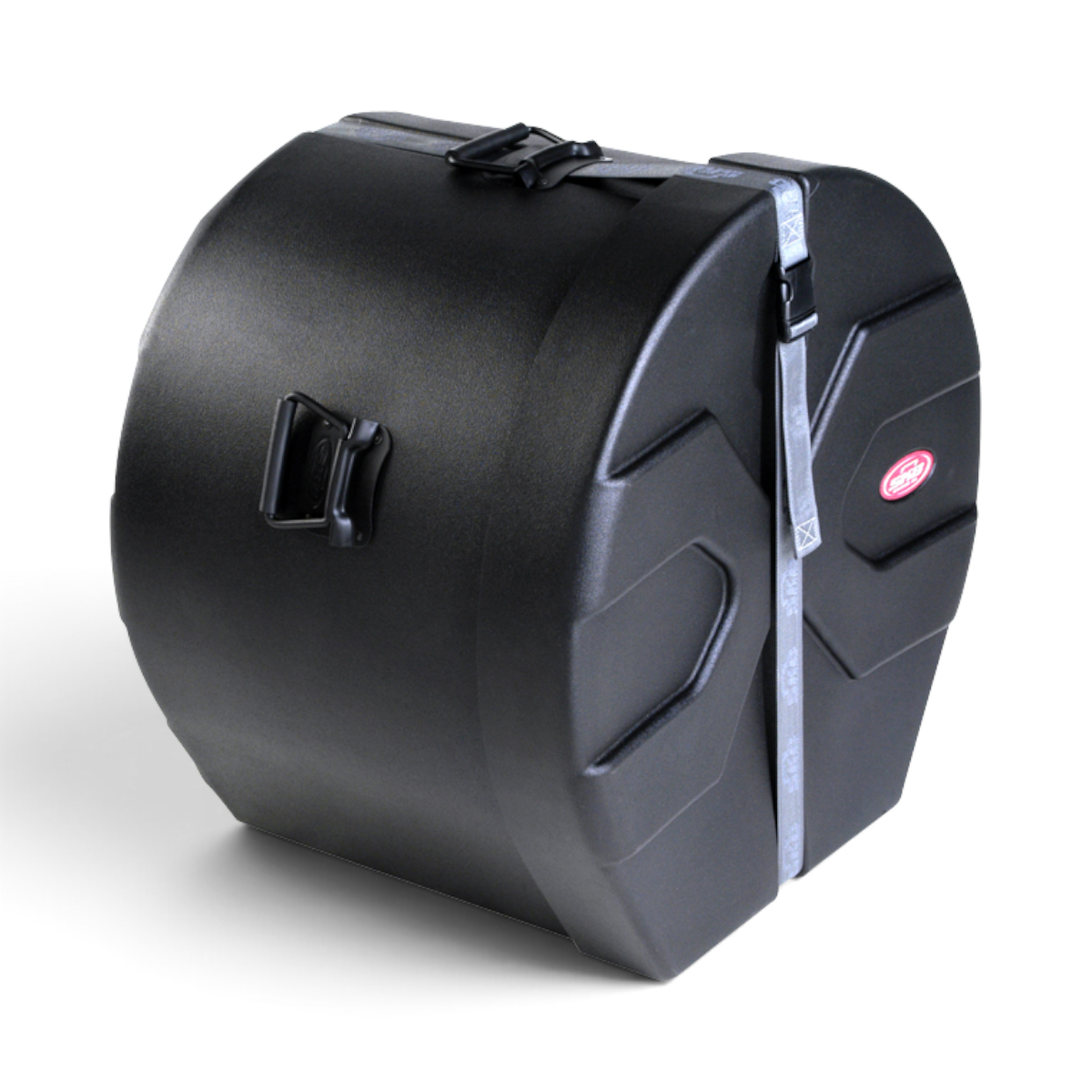 SKB Cases 14 x 20 marching bass drum case in black, featuring a durable roto-molded D-shaped design and secure strap.