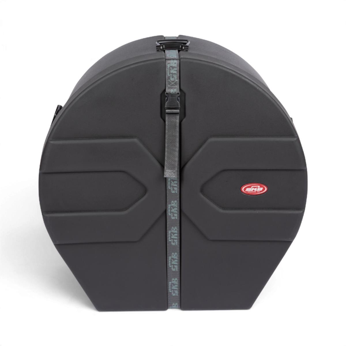 SKB Cases 14 x 26 marching bass drum case in black with Roto-X pattern, secure strap, and molded feet for stability.