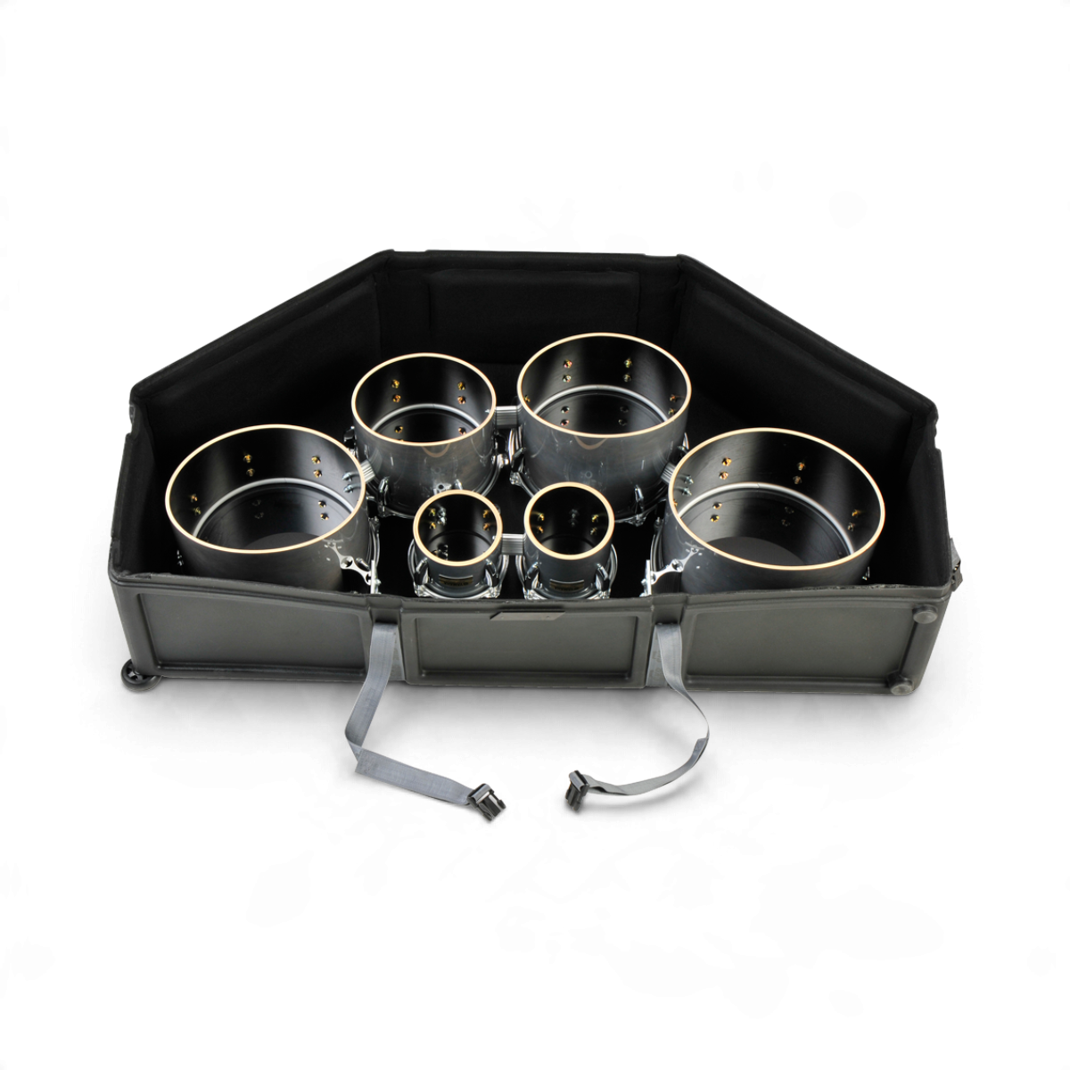 SKB Cases roto-molded black hard shell case for marching quad or quint drums with cinch straps and roller wheels