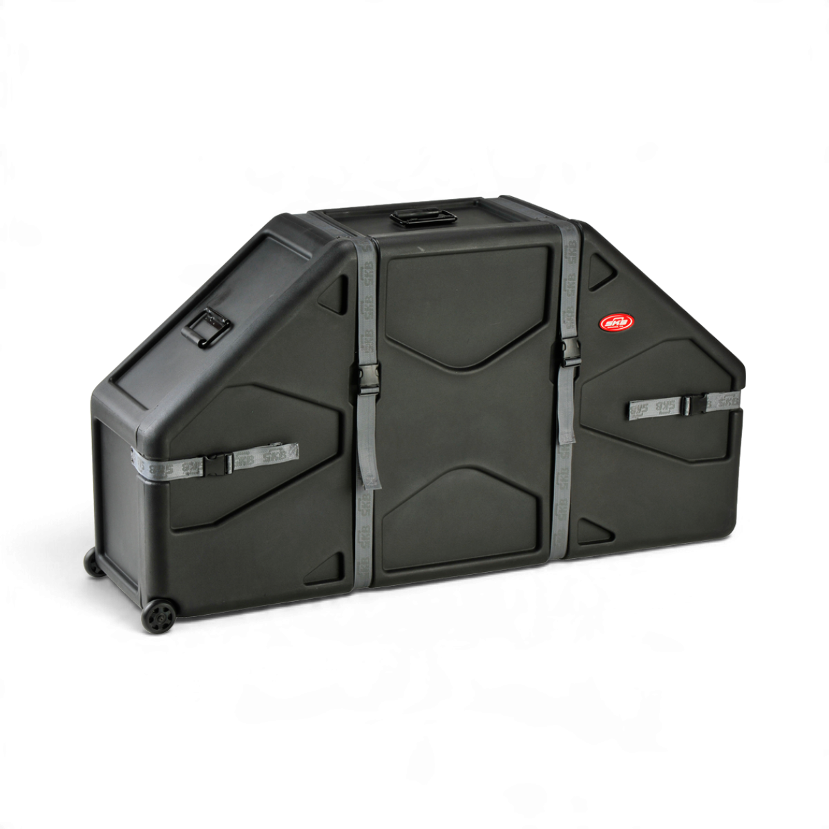 SKB Cases roto-molded black marching quad and quint drum case with roller wheels and cinch strap closures
