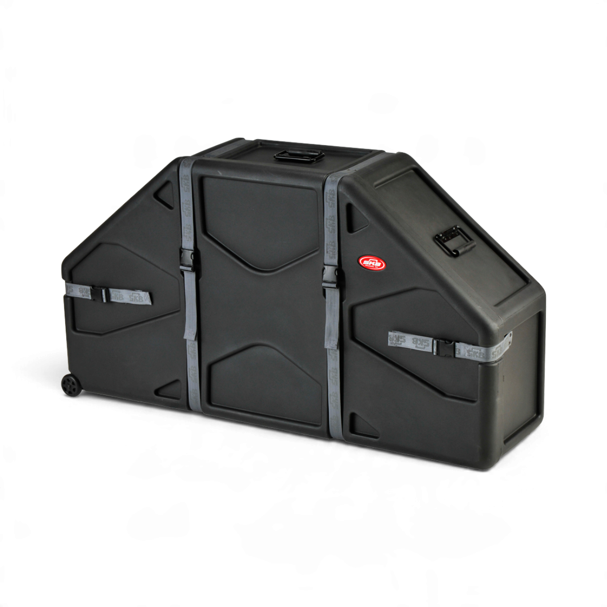 SKB Cases roto-molded black marching quad and quint drum case with roller wheels and cinch strap closures.