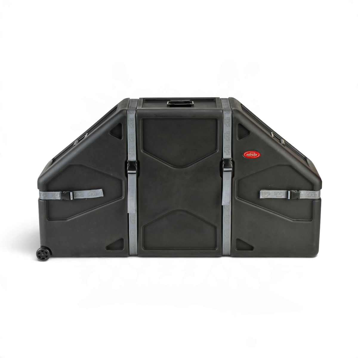 SKB Cases black roto-molded marching quad and quint drum case with roller wheels and cinch strap closures.