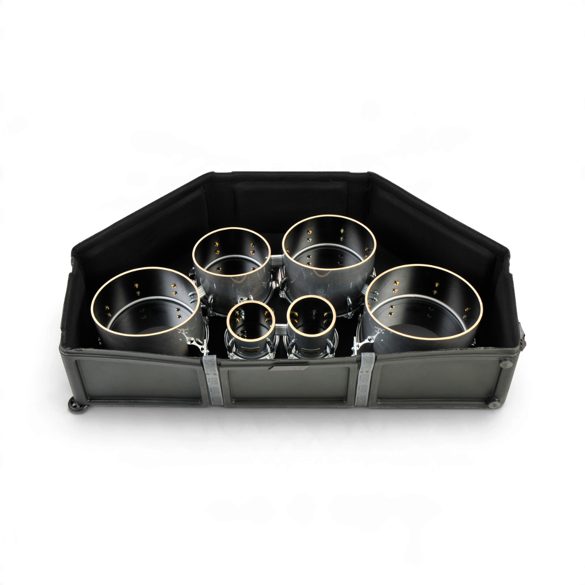 SKB Cases roto-molded black marching quint drum case with internal drum shell storage and durable protective design.