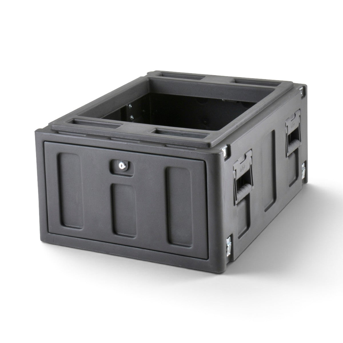 SKB Cases Mighty GigRig Expander 6U rack case in black with lockable front door and durable roto-molded construction.