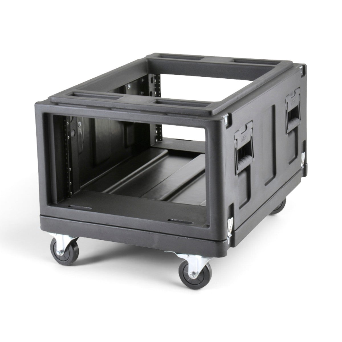 SKB Cases 6U Mighty GigRig Expander rack case in black with front and rear rails on a transport dolly