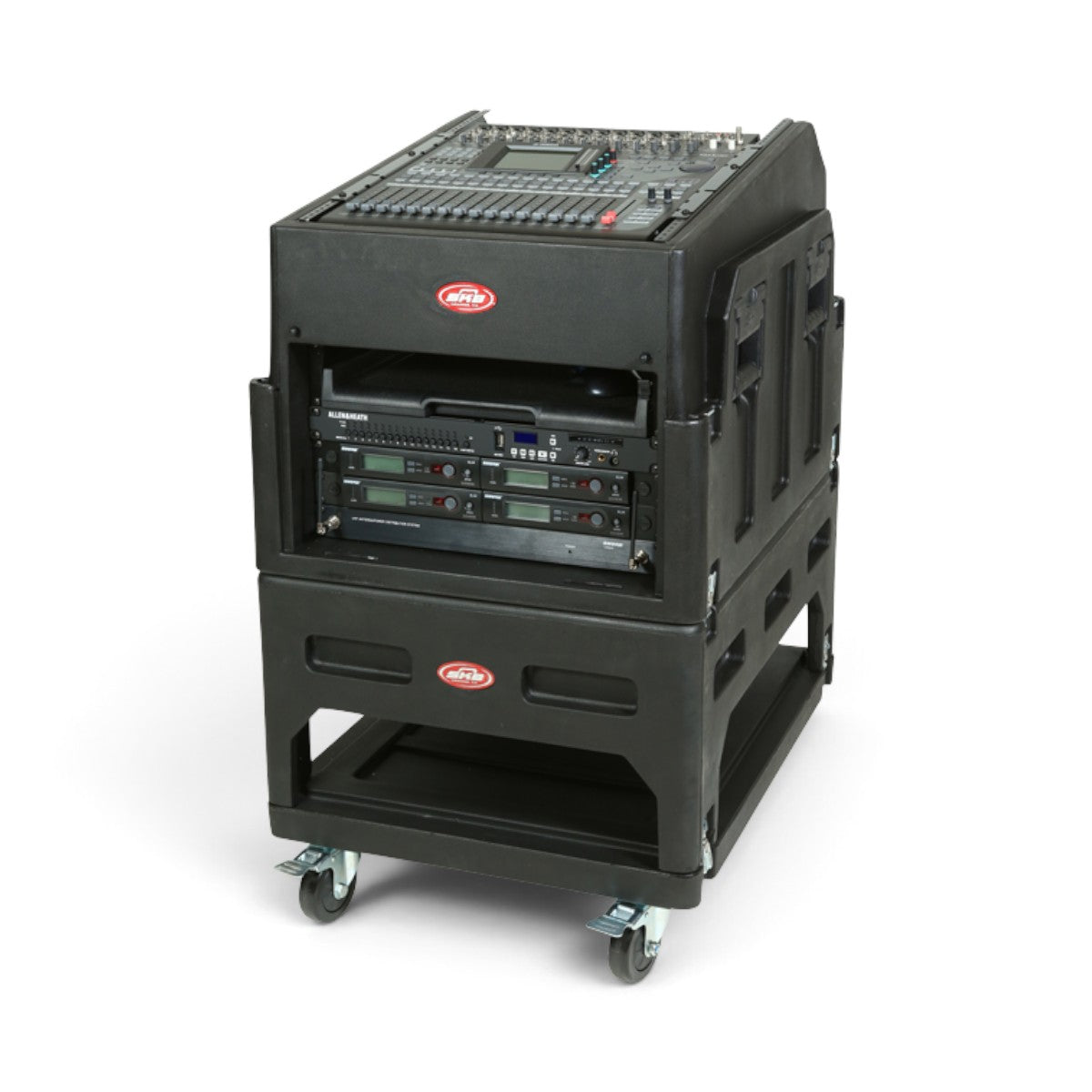 SKB Cases The Mighty GigRig rolling rack system with a black roto-molded design, 14U angled top, and locking casters.