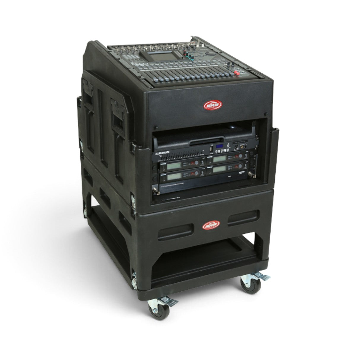 SKB Cases The Mighty GigRig rolling rack system in black with an angled top mixer console and vertical rack space.