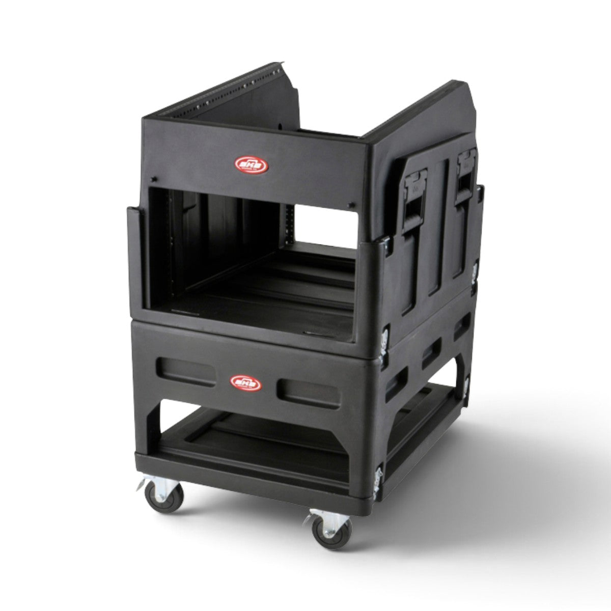 SKB Cases The Mighty GigRig black roto molded rolling rack system with 14U angled top and locking casters.