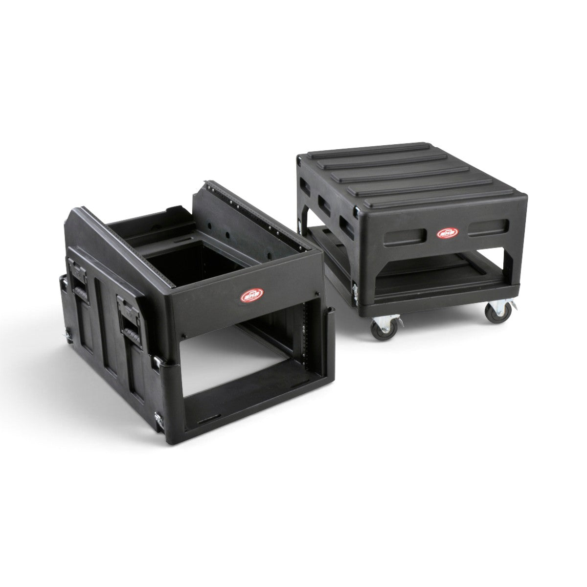 SKB Cases The Mighty GigRig rolling rack system with roto molded black casing, 14U angled top, and locking casters.