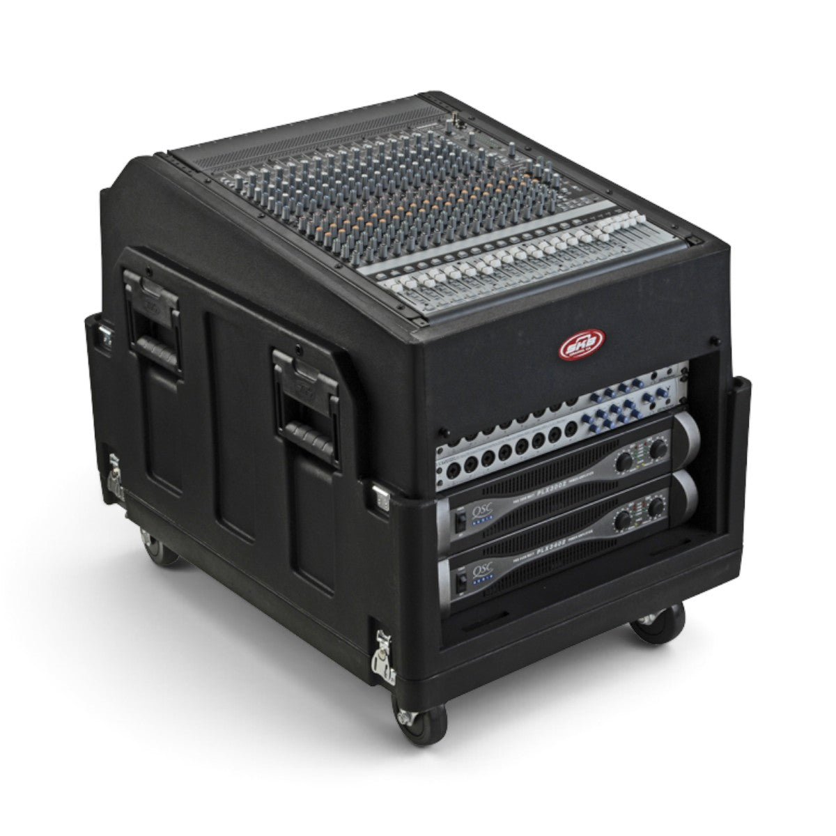SKB Cases The Mighty GigRig rolling rack system with an angled mixer top, vertical rack space, and locking casters.
