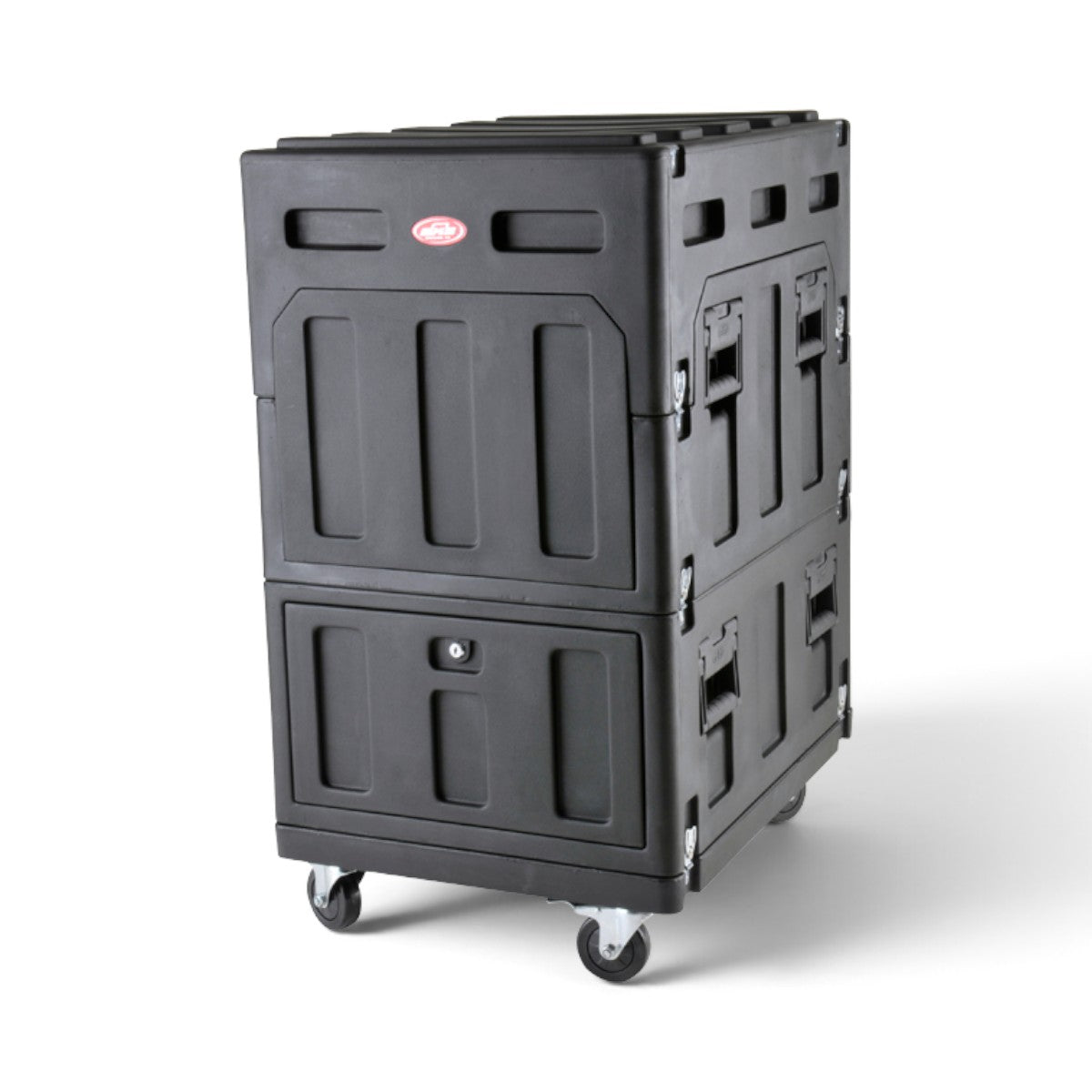 SKB Cases Mighty GigRig Expander 6U rack case in black with lockable doors and transport wheels