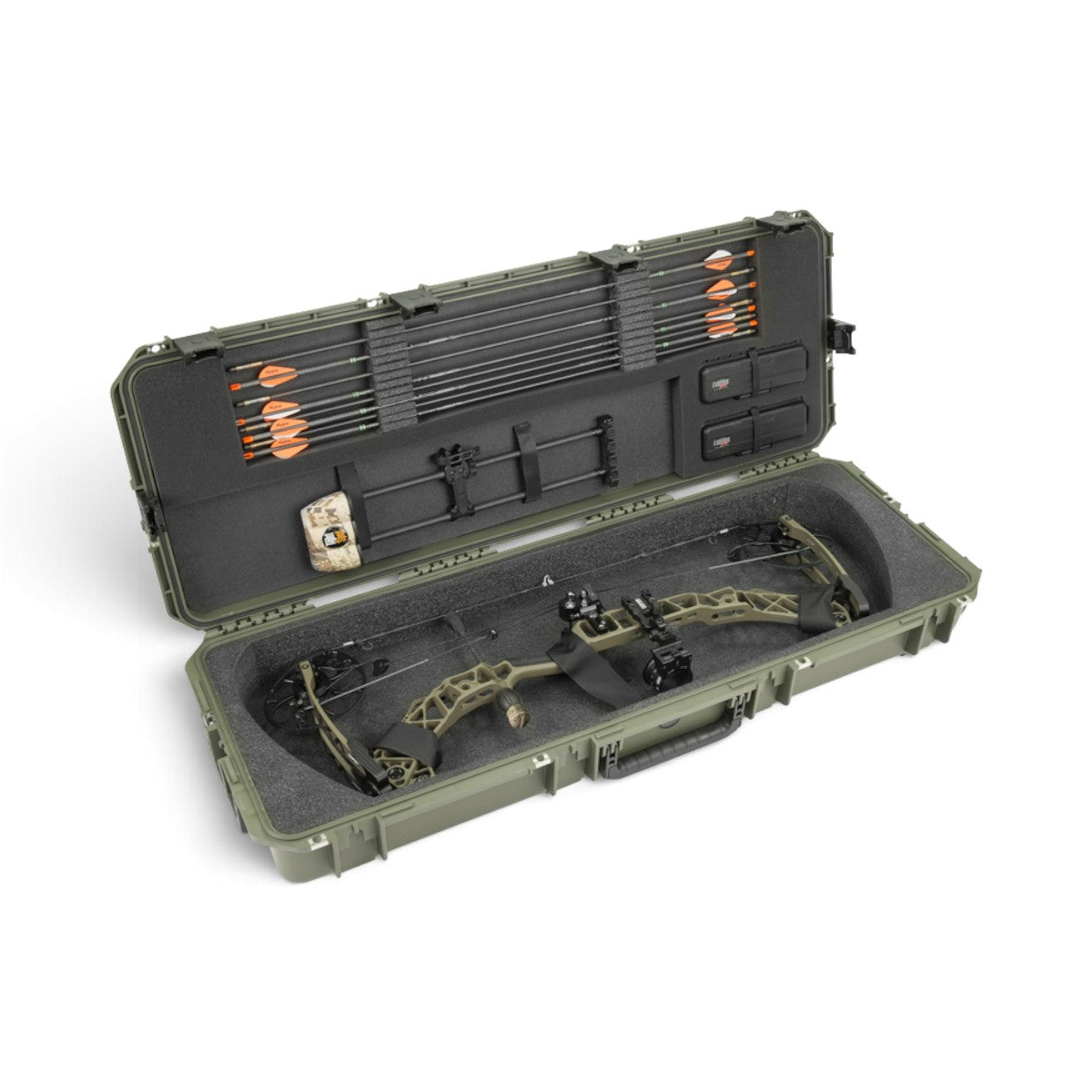 SKB Cases iSeries olive green waterproof bow case with foam interior, holding a compound bow and arrows.