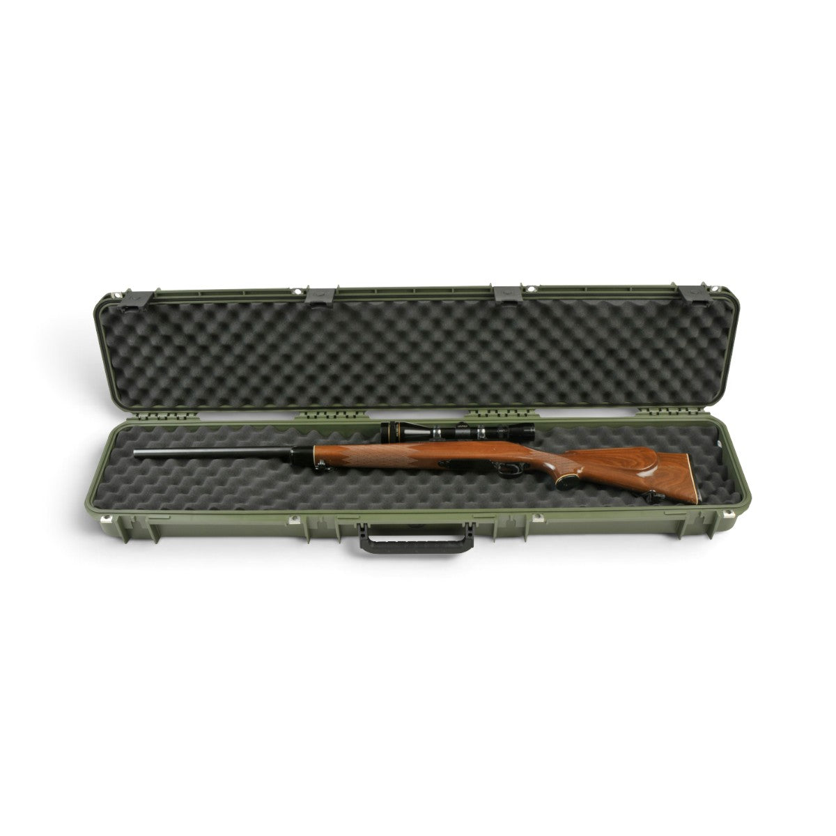SKB Cases iSeries 4909-5 olive green waterproof rifle case with scoped rifle inside on convoluted foam interior