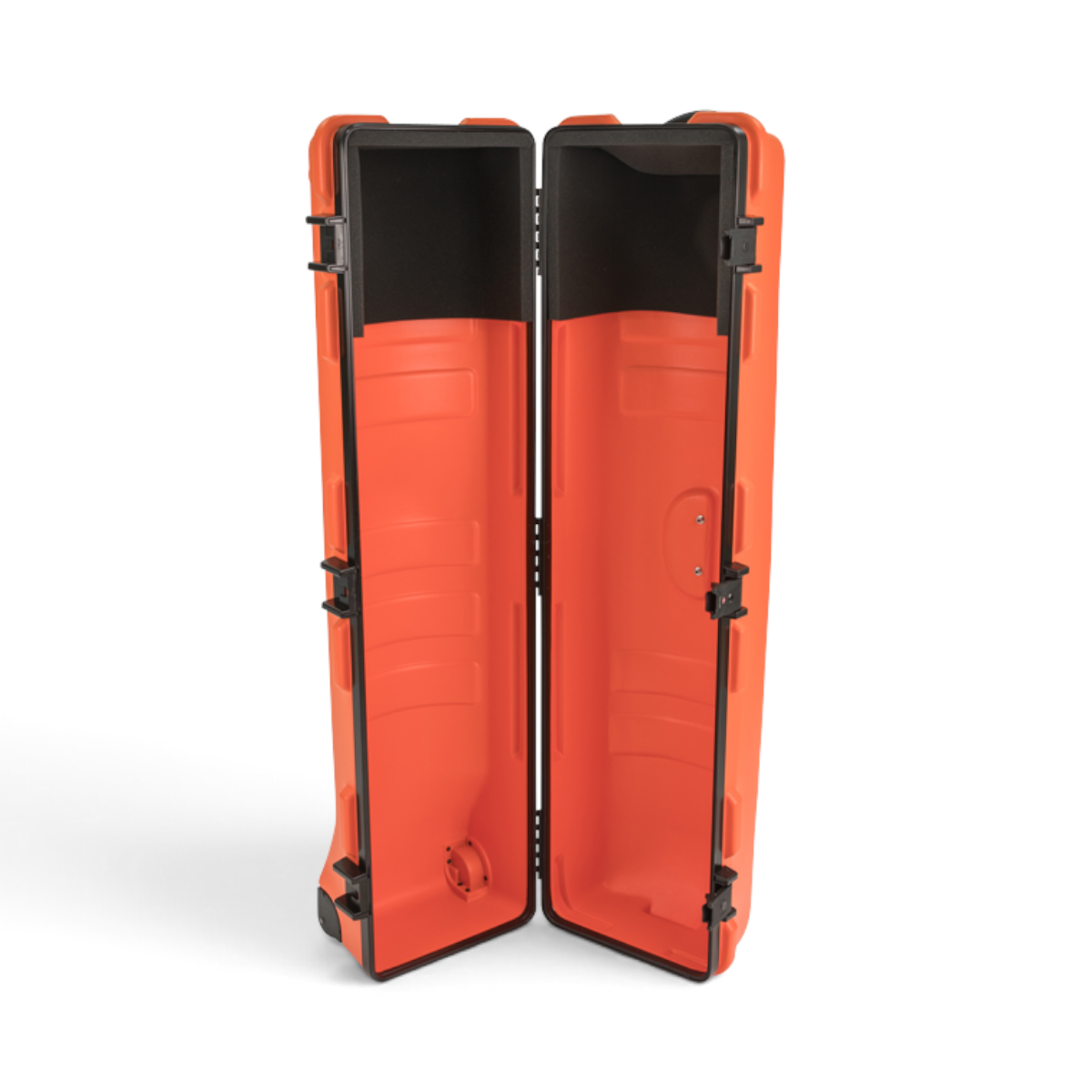 SKB Cases ATA Staff Pro XL golf travel case in bright orange with open interior and TSA locking latches