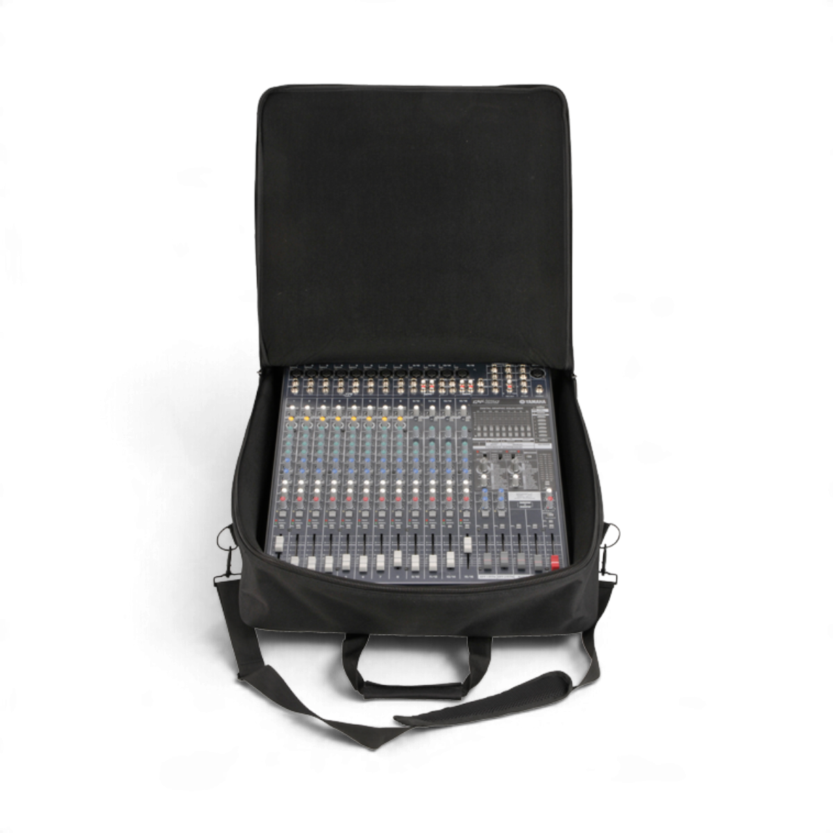 SKB Cases UB Series 2020 black padded mixer bag holding a Yamaha mixing console with shoulder strap and carry handle