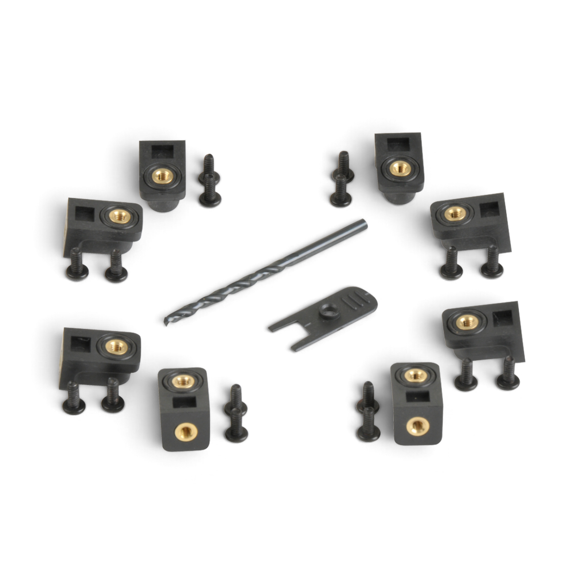 SKB Cases 3i Series Panel Mount Clip Kit with eight black clips, brass inserts, mounting screws, and drill bit.