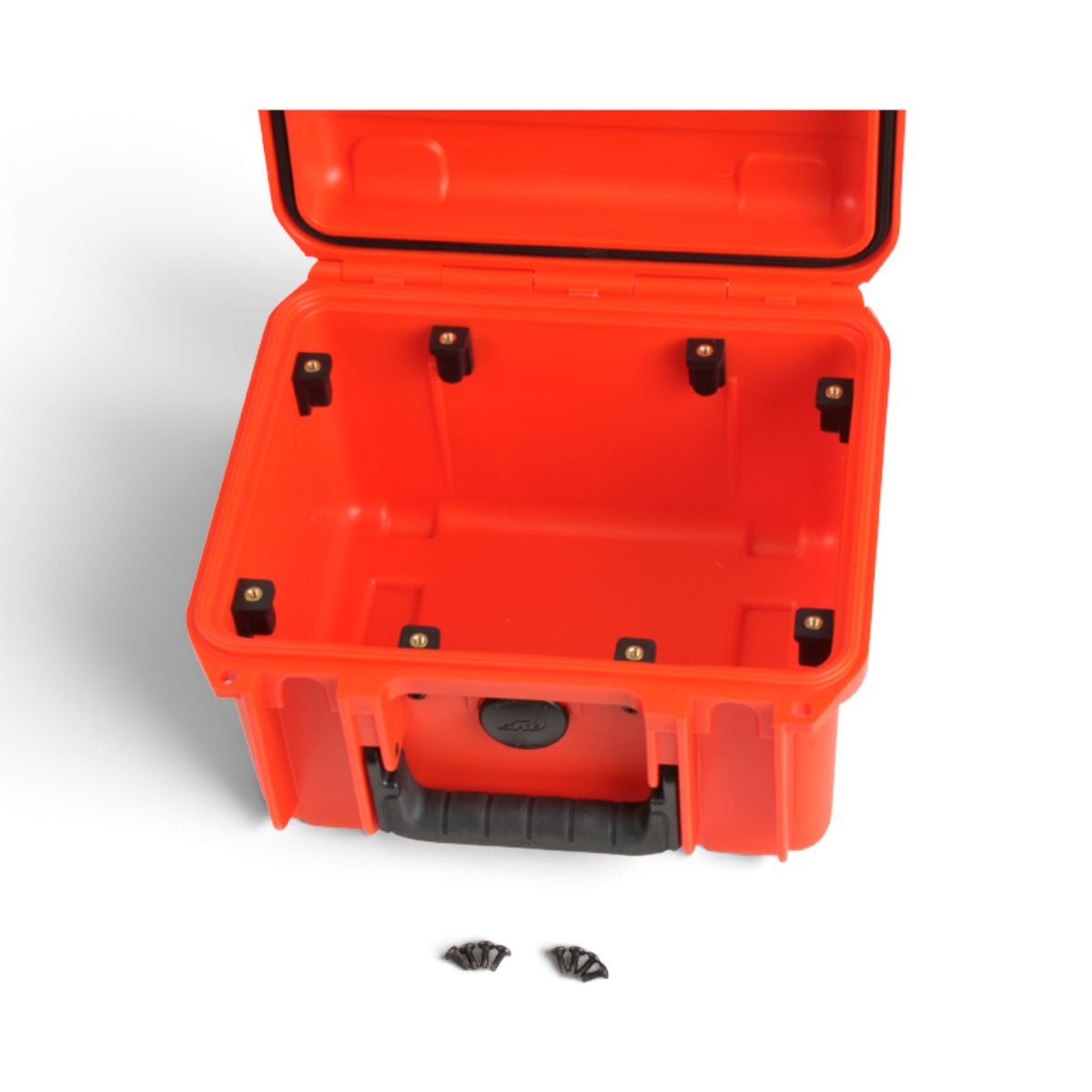 SKB Cases 3i Series panel mount clip kit installed in a bright orange protective case with included mounting screws.