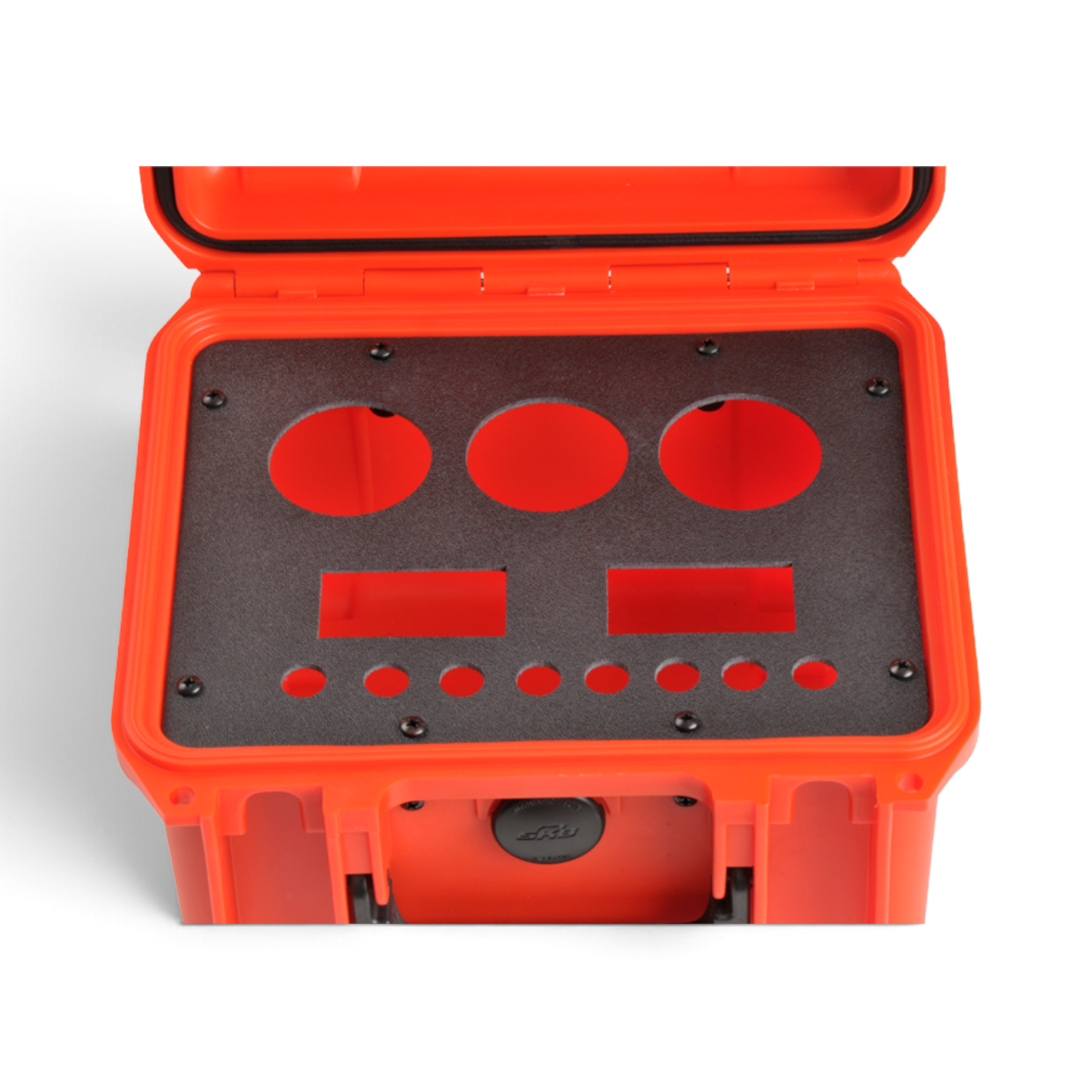 SKB Cases 3i Series panel mount clip kit installed in a bright orange protective case with a custom black panel
