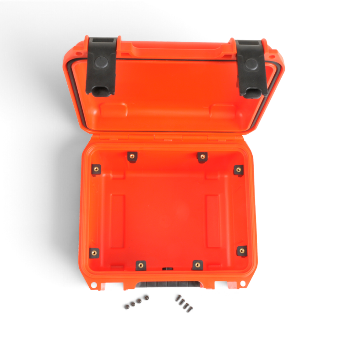 SKB Cases 3i Series panel mount clip kit installed inside an open bright orange protective equipment case.