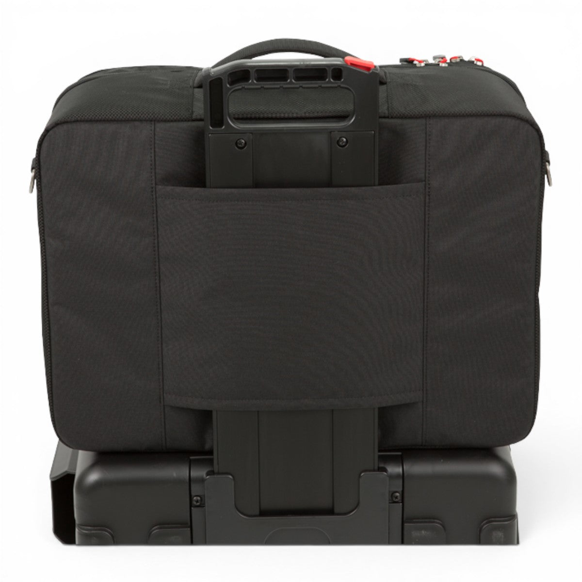 SKB Cases pedalboard soft bag with padded handle and front pocket attached to a rolling transport base