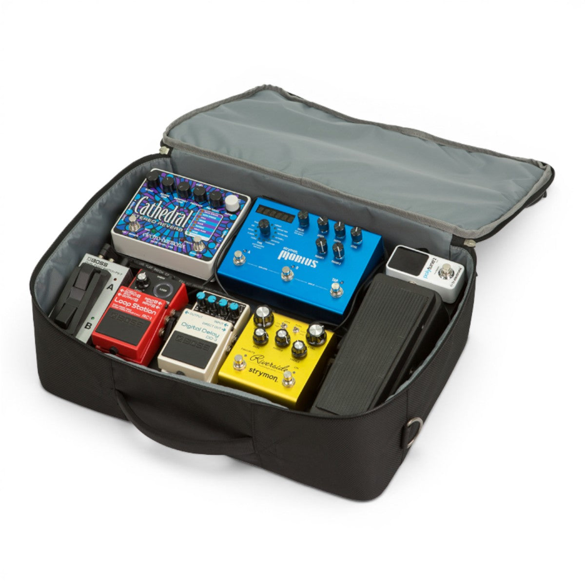 SKB Cases pedalboard soft bag containing a loaded 17x12 pedalboard with various guitar effect pedals