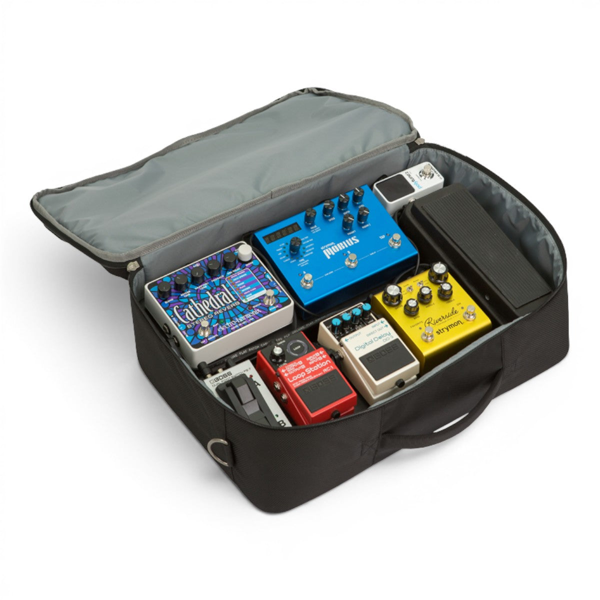 SKB Cases pedalboard soft bag containing various guitar effect pedals with a padded interior and durable black exterior.