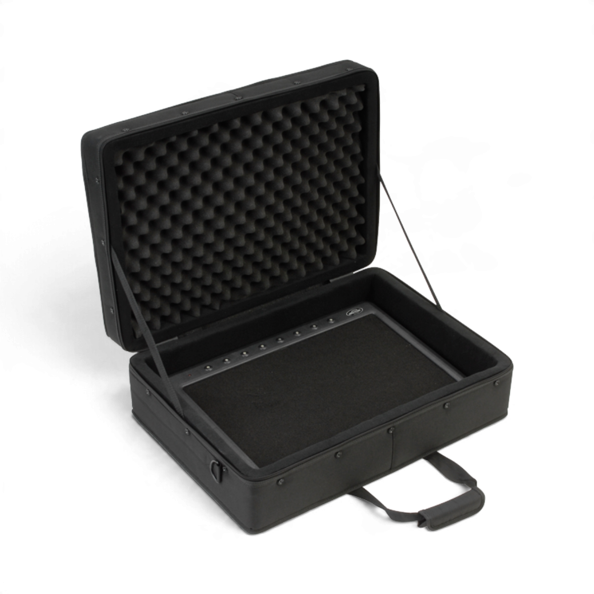SKB Cases pedalboard soft case with rigid foam interior and black canvas exterior, shown open with a pedalboard.