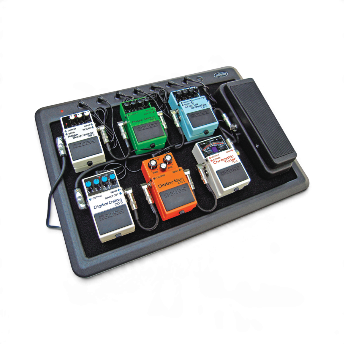 SKB Cases 1SKB-PS-8 powered pedalboard with six guitar effect pedals mounted on a black rubber modified styrene base