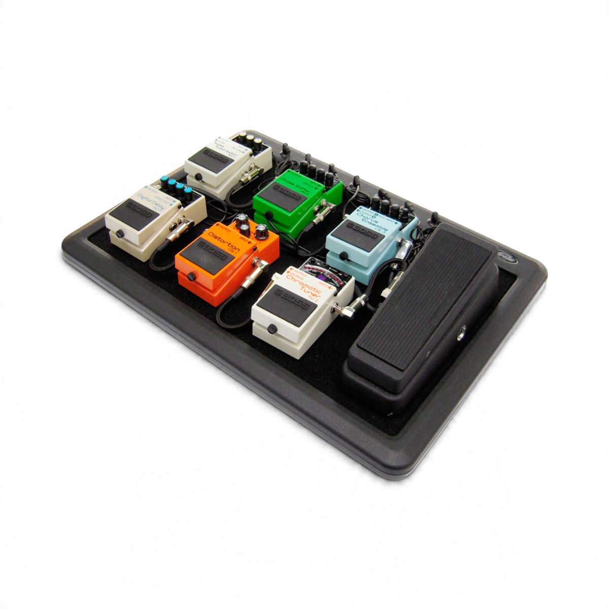 SKB Cases 1SKB-PS-8 powered pedalboard with eight slots, featuring a durable black styrene frame and guitar pedals.