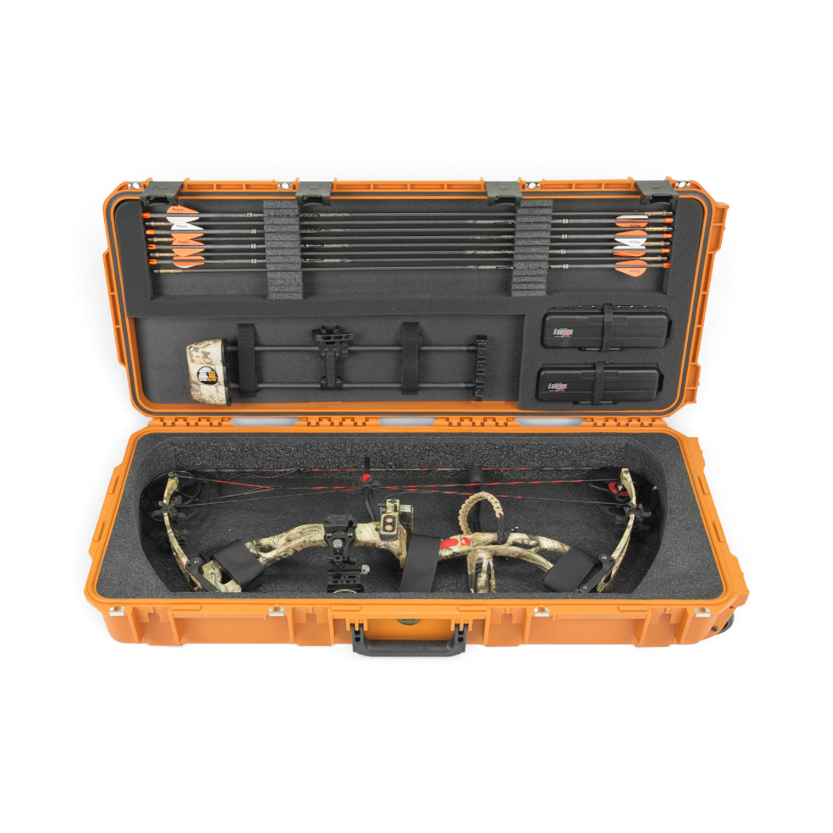 SKB Cases Pro Series small bow case in orange with interior foam padding, arrows, and a compound bow stored inside.