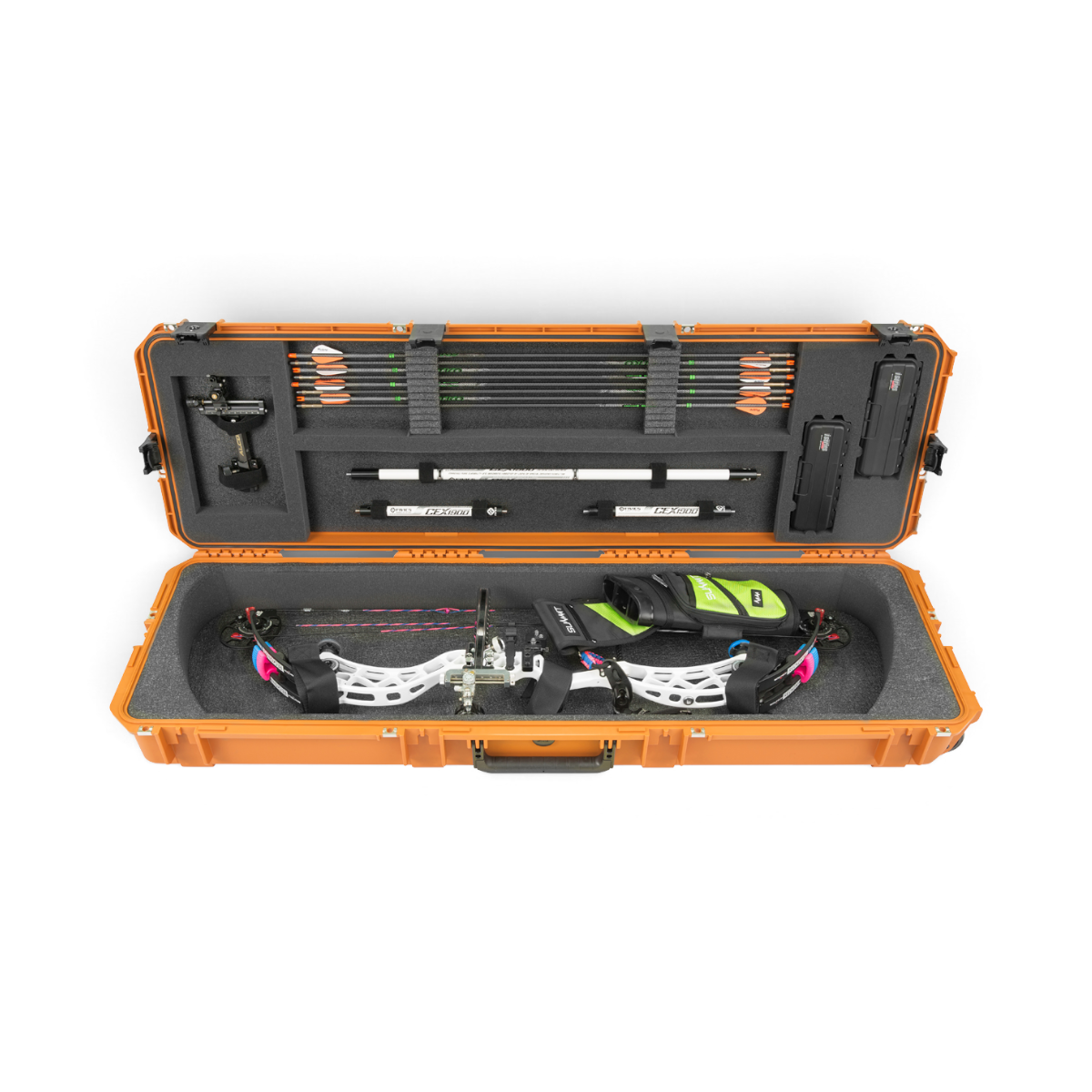 SKB Cases Pro Series long bow case in orange with compound bow, arrows, and accessories stored in foam interior