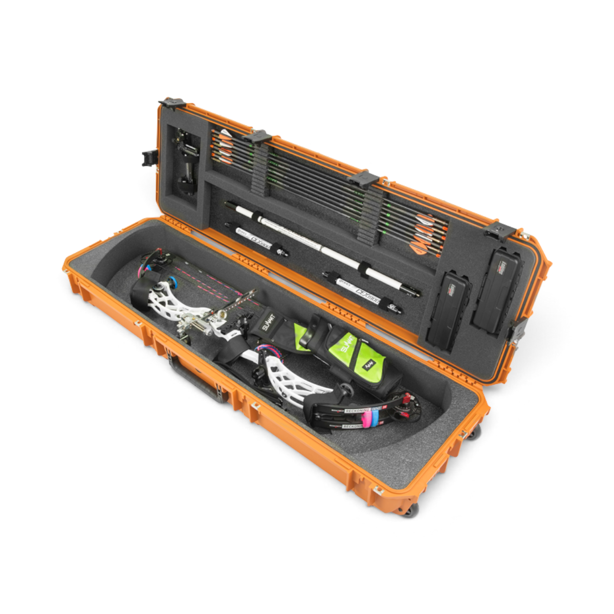 SKB Cases Pro Series waterproof compound bow case in orange with foam interior, arrow storage, and archery equipment.