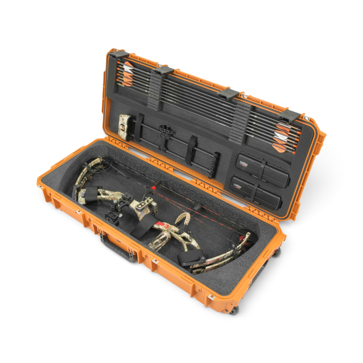 SKB Cases Pro Series small bow case in coyote brown with open lid showing foam interior, compound bow, and arrows.