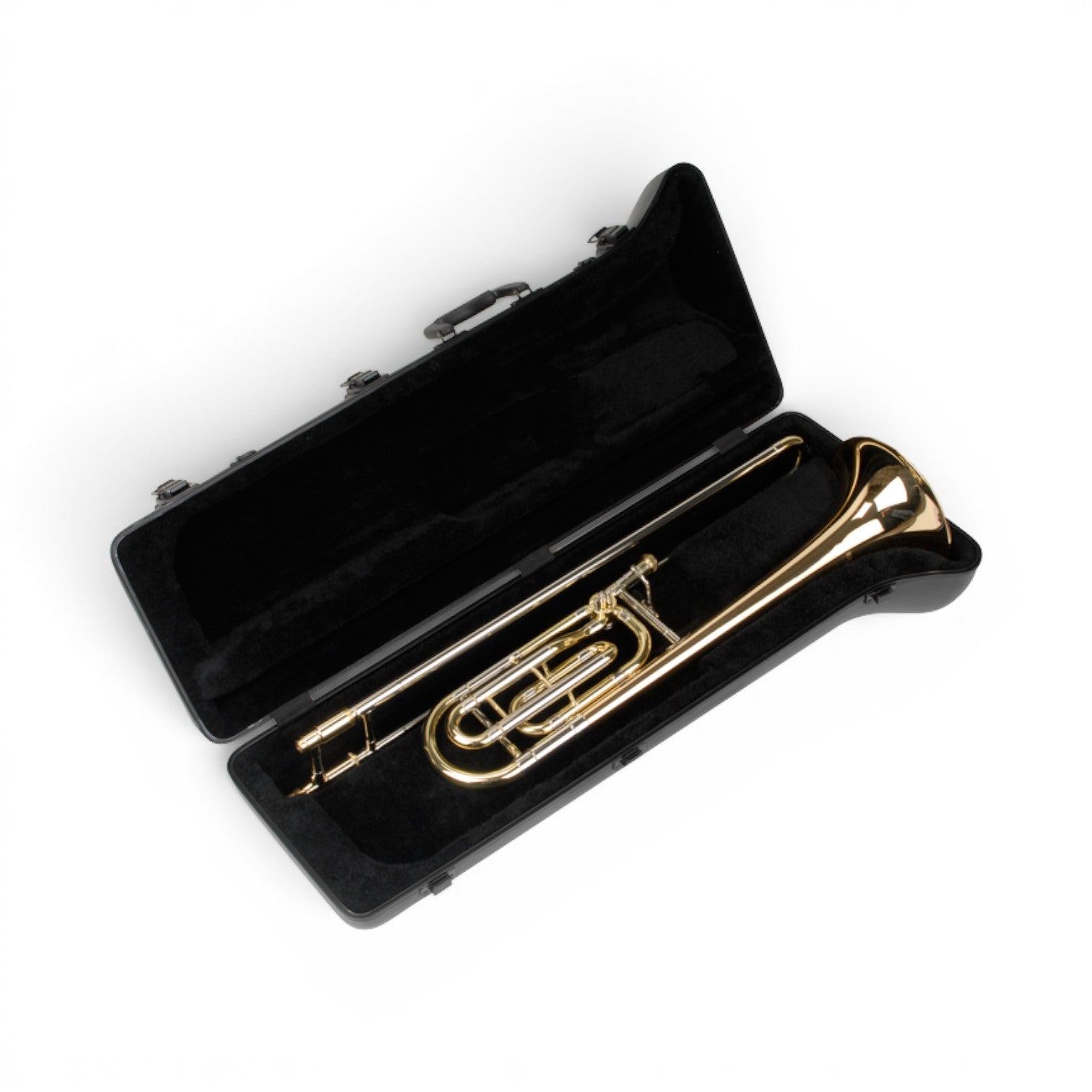SKB Cases universal pro tenor trombone case with black plush interior holding a brass F-attachment trombone