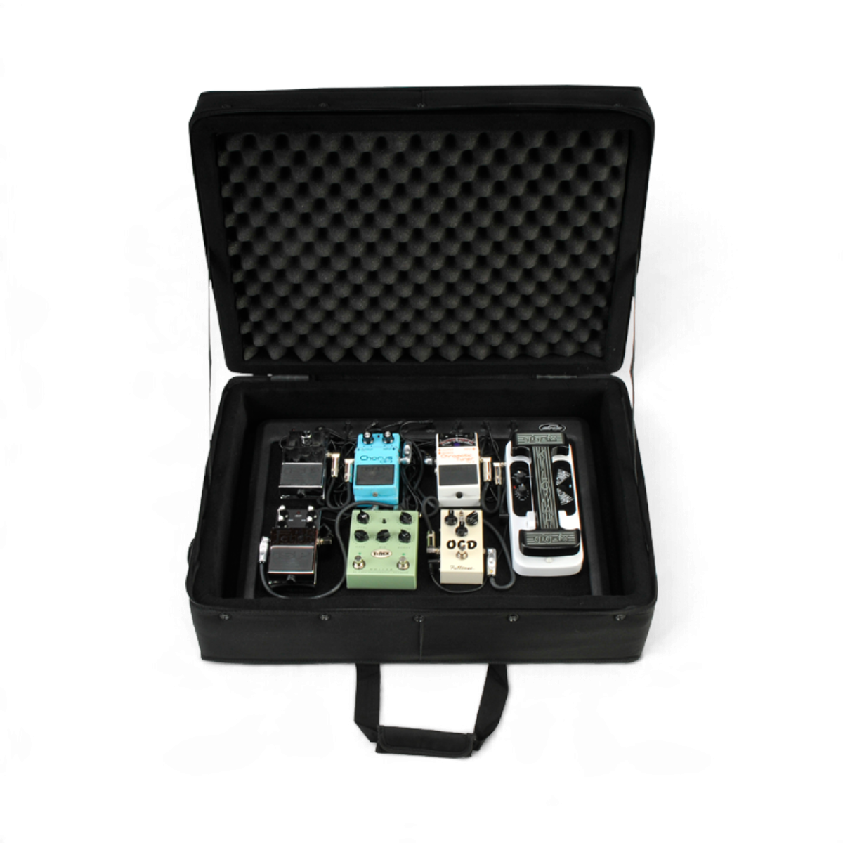 SKB Cases PS8 Pro powered pedalboard in a black soft case with foam lining and eight guitar effect pedals installed