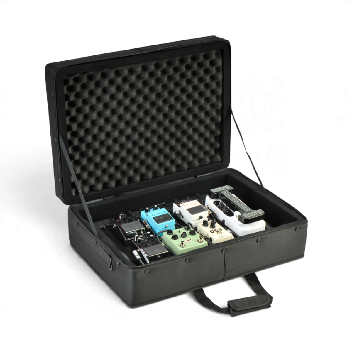 SKB Cases PS8 Pro powered pedalboard with foam-lined soft case and eight guitar effect pedals installed