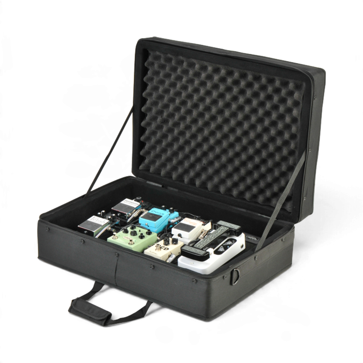 SKB Cases PS8 Pro powered pedalboard with foam-lined soft case and multiple guitar effect pedals installed
