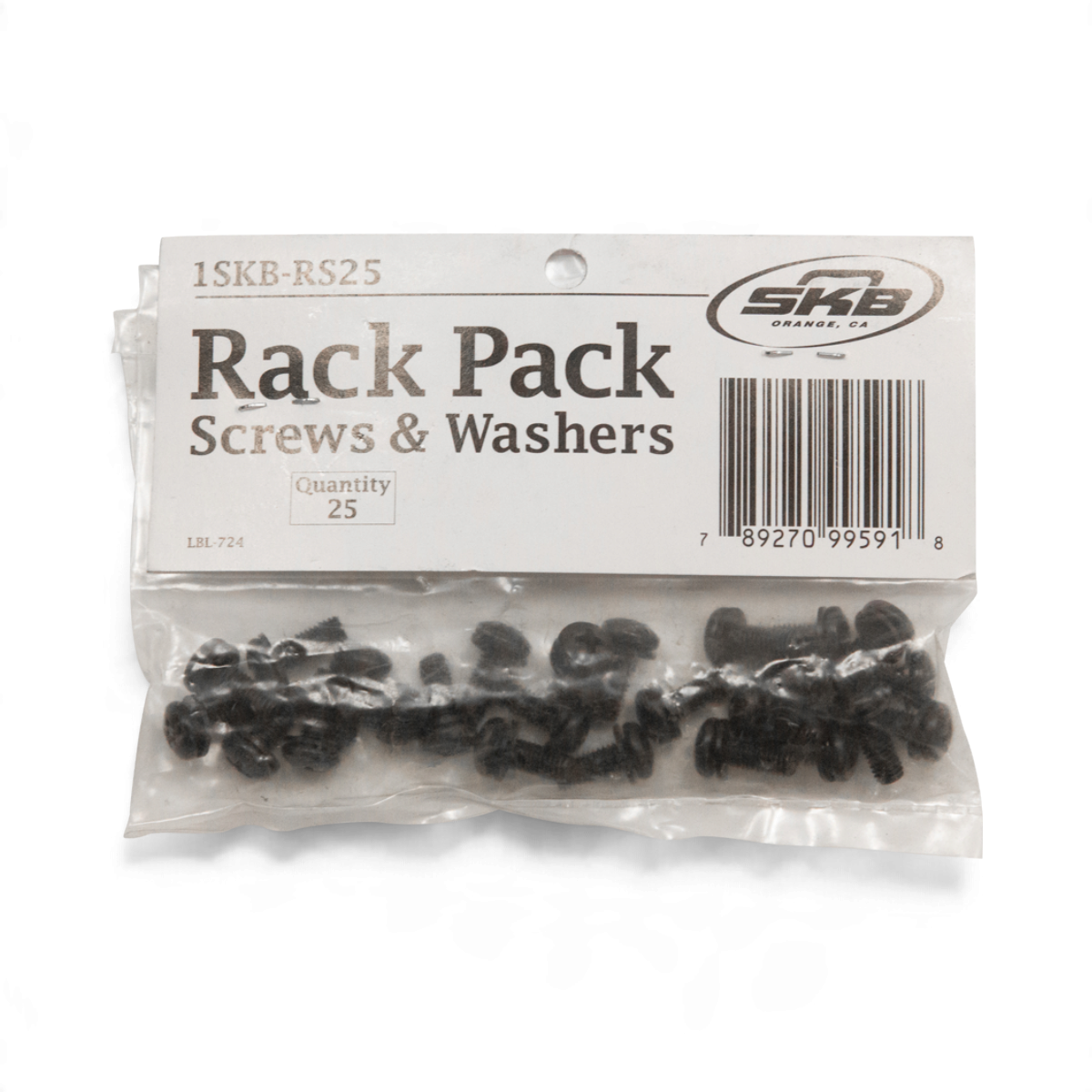 SKB Cases rack screws and washers in a 25-pack clear plastic bag for mounting electronic gear to rack rails.