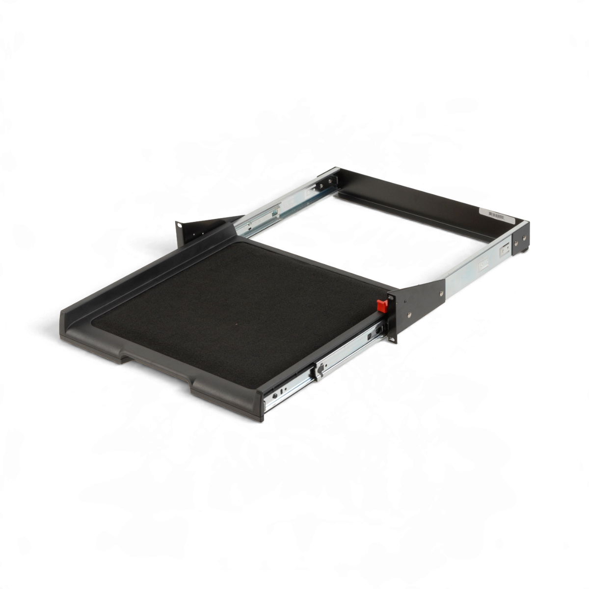 SKB Cases rackmount pull-out shelf with a black cushioned hook and loop fastener surface for equipment storage