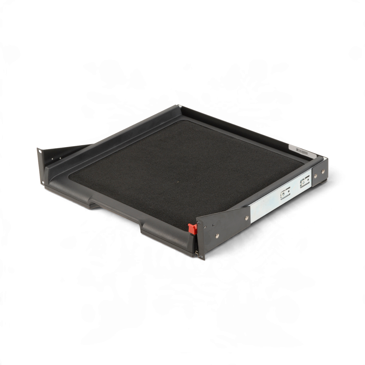 SKB Cases rackmount pull-out shelf featuring a black cushioned hook and loop fastener surface for secure equipment.