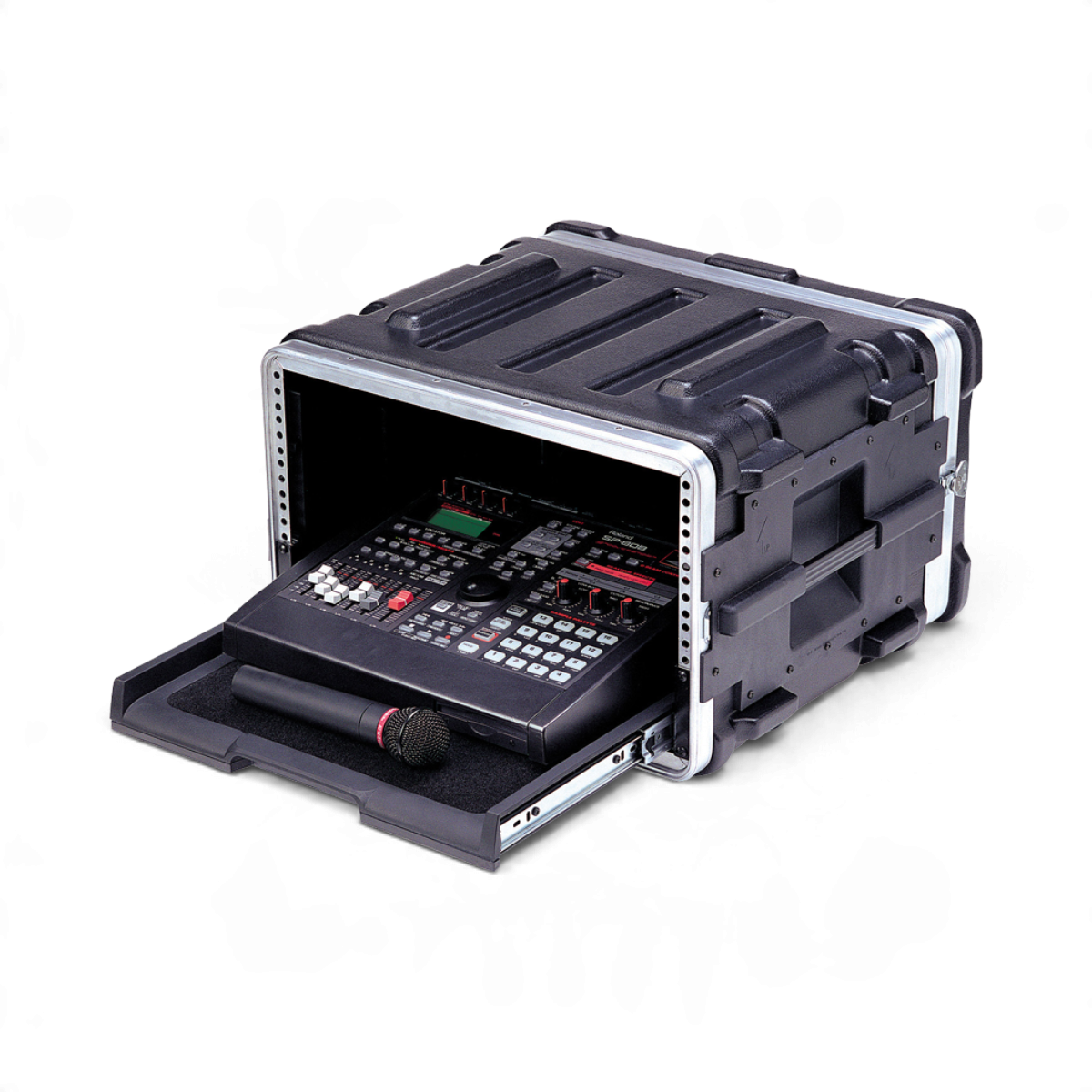 SKB Cases rackmount pull-out shelf with a cushioned hook and loop fastener surface holding audio equipment