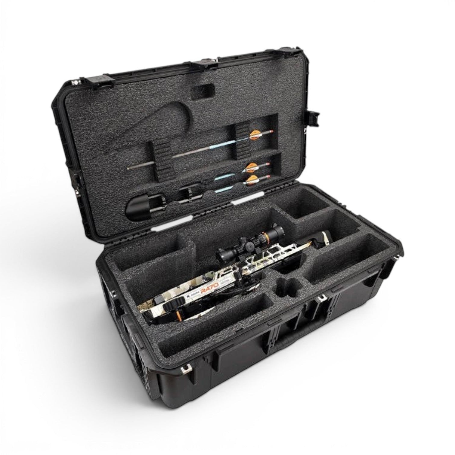 SKB Cases iSeries Ravin 470 crossbow case in black with custom foam interior, accessory storage, and secure latches.