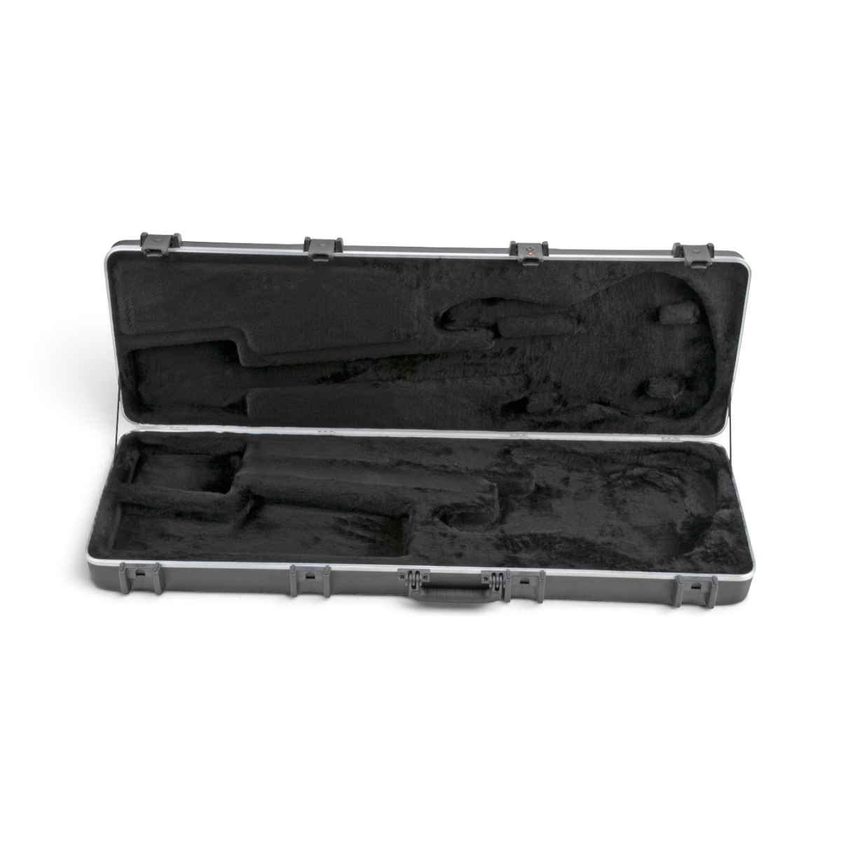 SKB Cases rectangular electric bass guitar case with black plush interior lining and TSA locking latches