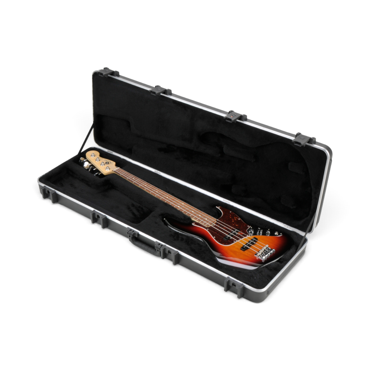 SKB Cases Pro rectangular electric bass case with a sunburst bass guitar inside, featuring black plush lining.