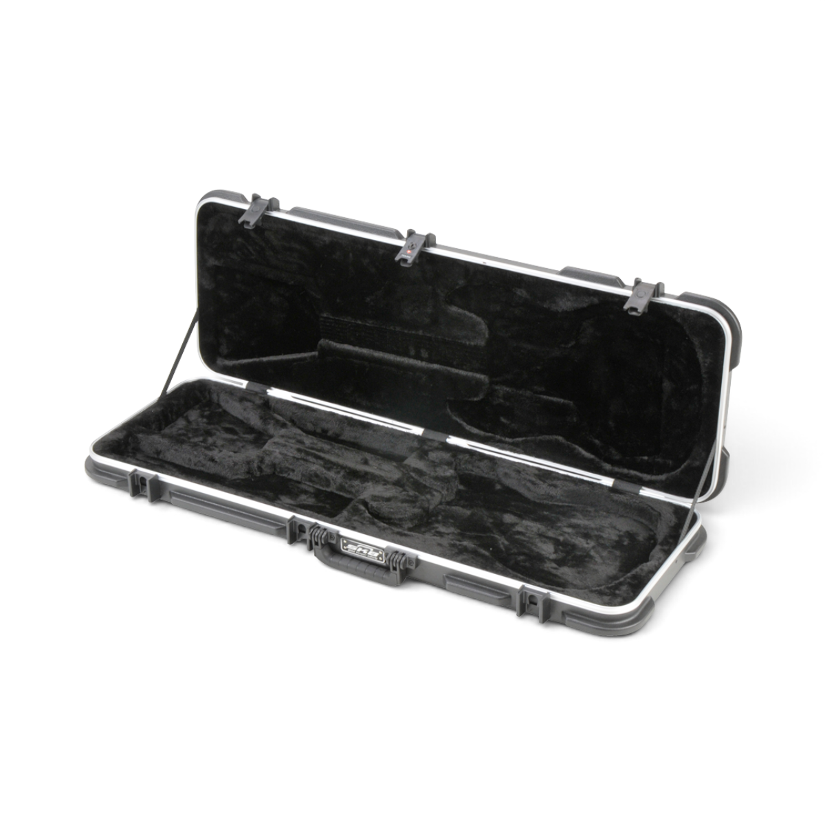 SKB Cases rectangular electric guitar hard case with black plush interior lining and TSA-approved locking latches.