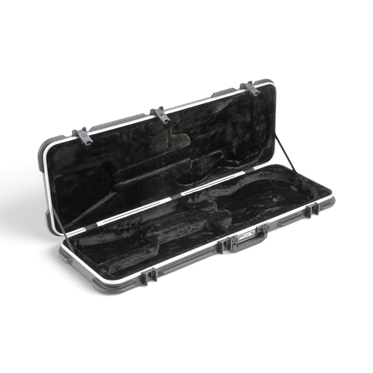 SKB Cases rectangular electric guitar hard case with black plush interior and TSA-approved locking latches.