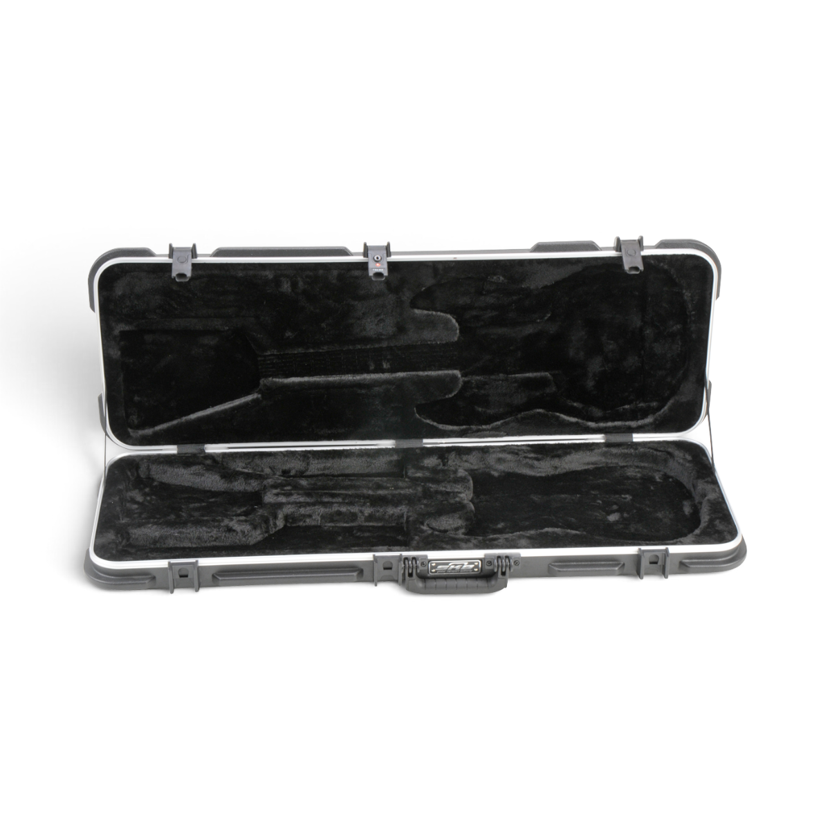 SKB Cases rectangular electric guitar hard case with black plush interior and TSA locking latches