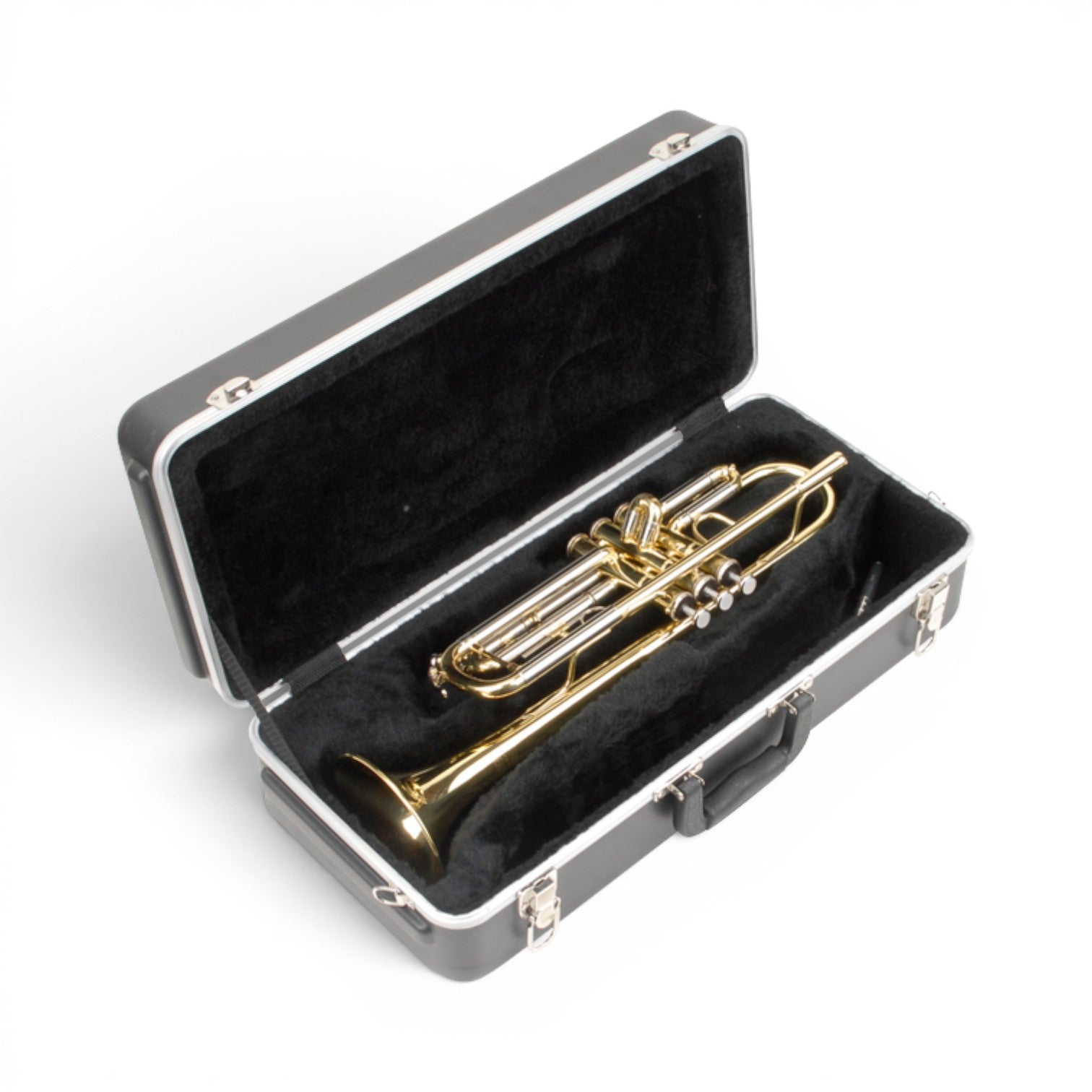 SKB Cases rectangular trumpet case with black exterior and plush interior holding a brass trumpet